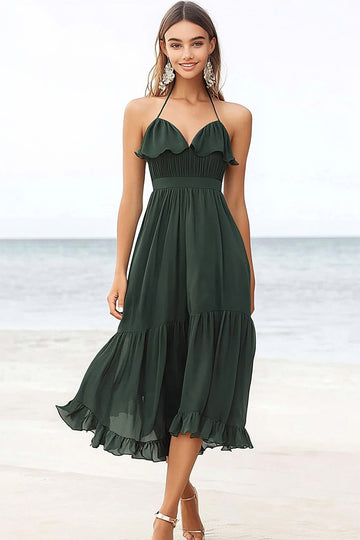 Chiffon Verde Escuro Cabeçada Linha-A Midi Vestido de Verão